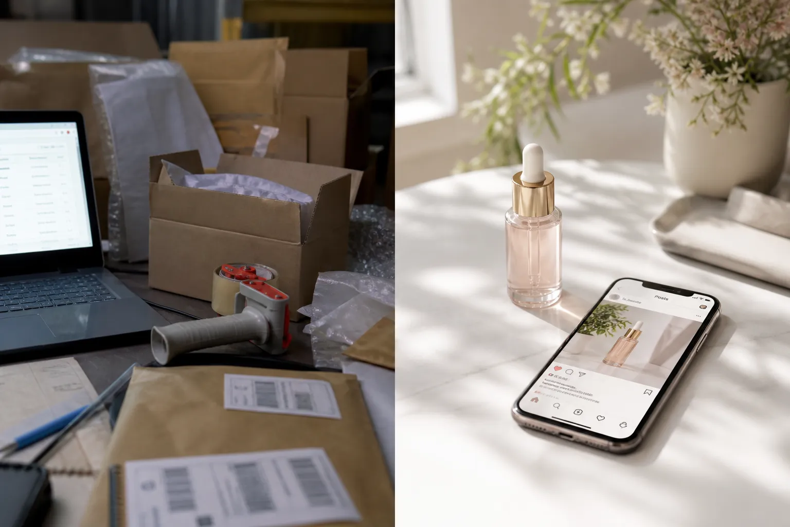 Split view: shipping boxes and packing supplies on the left, a beauty product and phone on the right