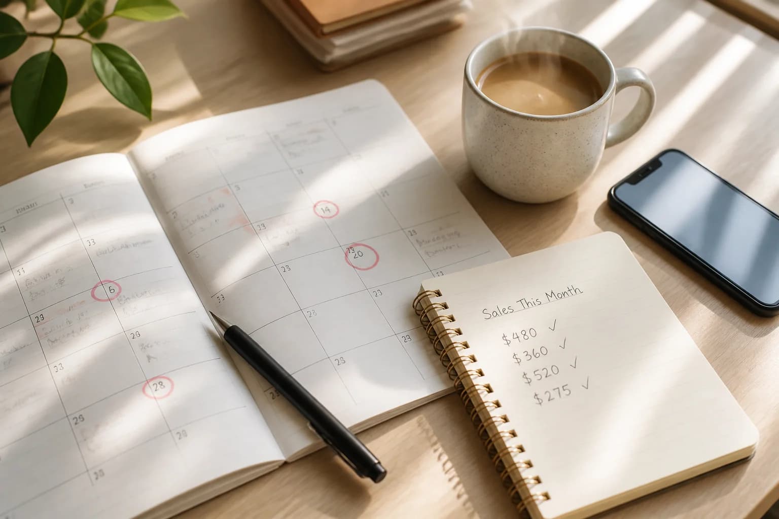Coffee and calendar on a desk for tracking monthly sales