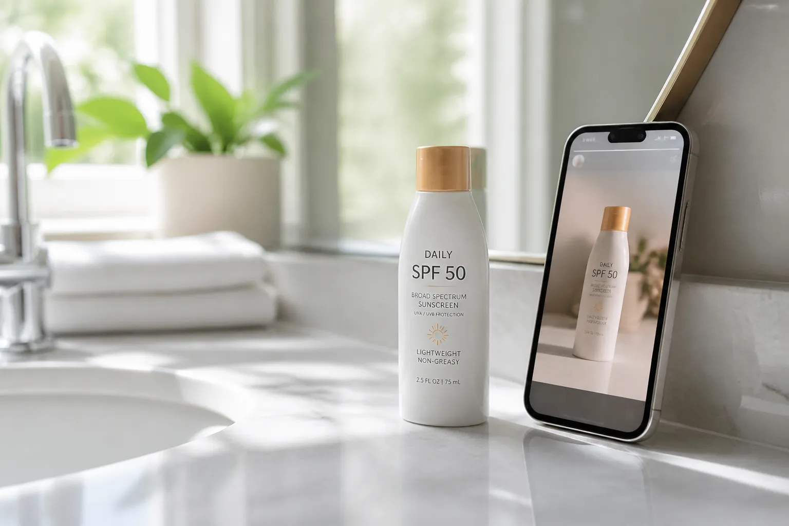 Sunscreen bottle and phone propped on a bathroom counter for Stories