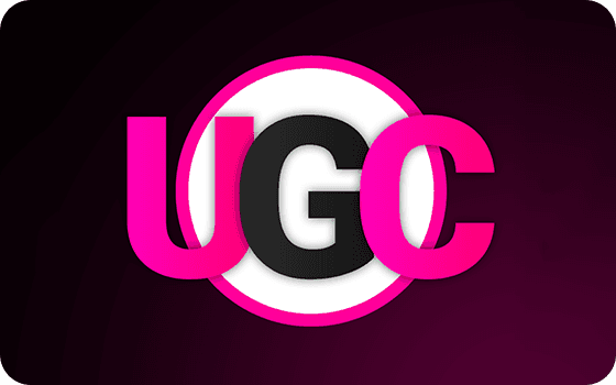UGC letters in pink and black on a dark background with a white circle