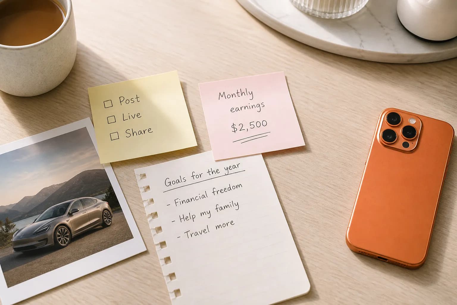Desk with sticky notes for goals and earnings, a small car photo, and an orange phone face down