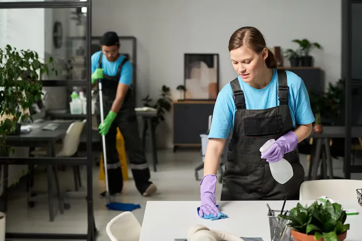 Woman wiping dust off a desk in an office