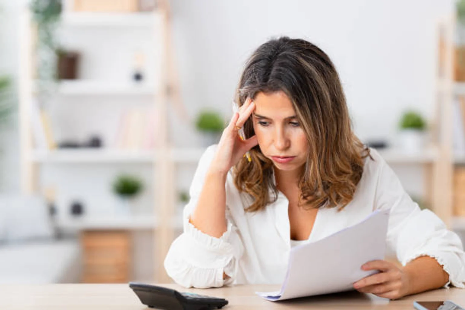 Woman at a desk looking stressed while reviewing papers next to a calculator