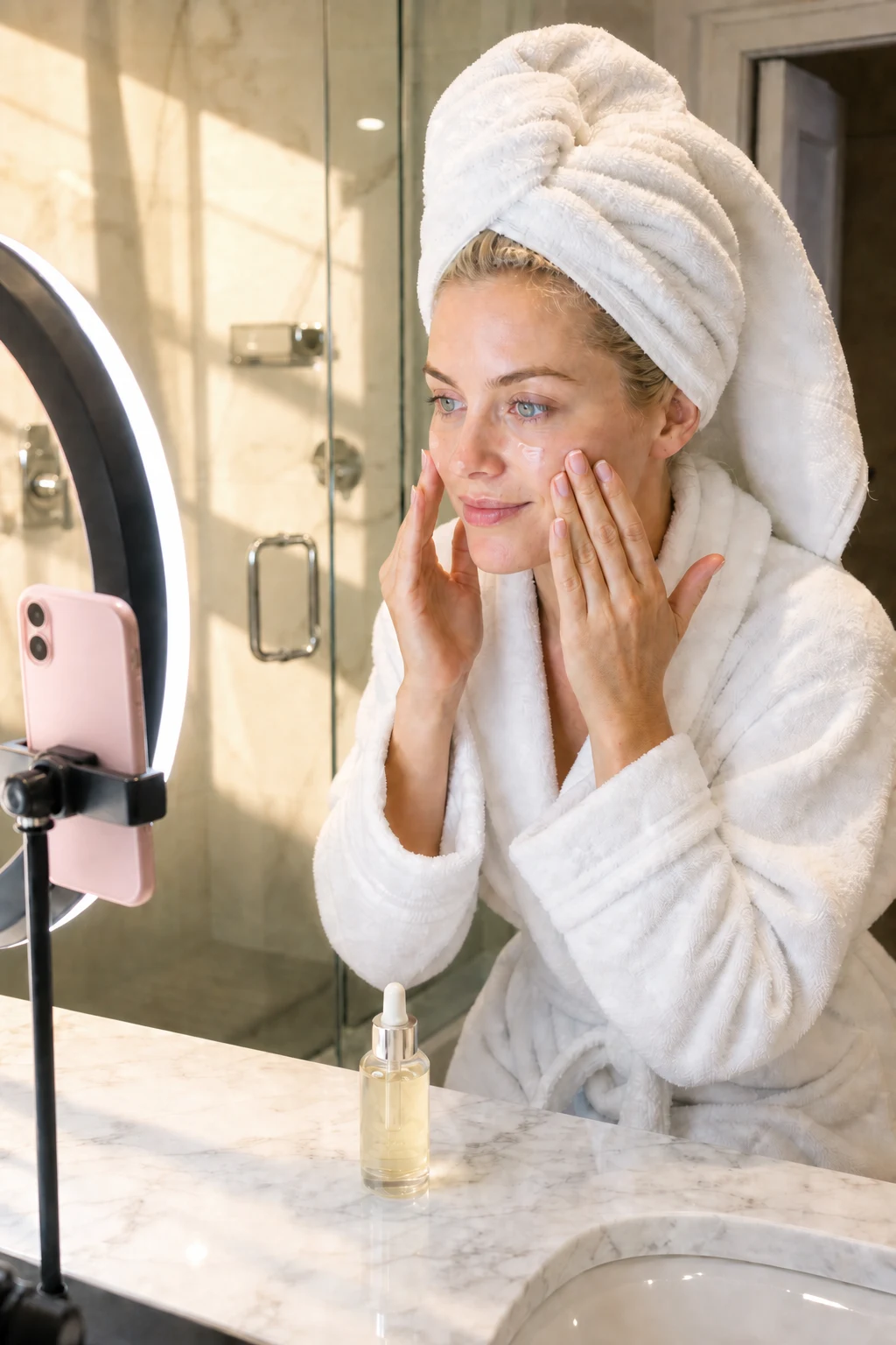 A Charm creator filming a live in her bathroom, applying serum in front of a ring light