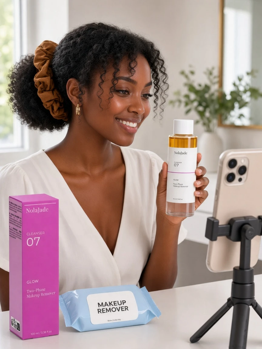 A Charm creator smiling with hair tied back, holding NolaJade Two-Phase Makeup Remover while recording, with the pink box and regular makeup wipes on the table