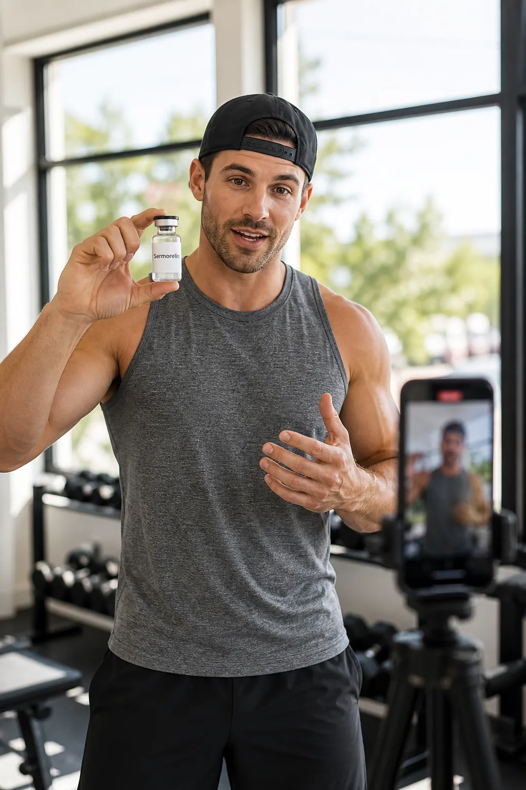 A Charm creator in athletic gear holding a peptide vial while recording in a bright gym