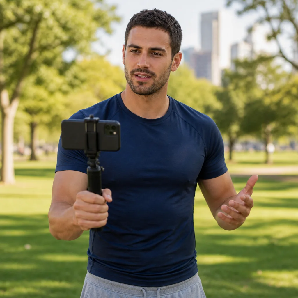 A fit creator in jogging clothes livestreaming from a park on his phone