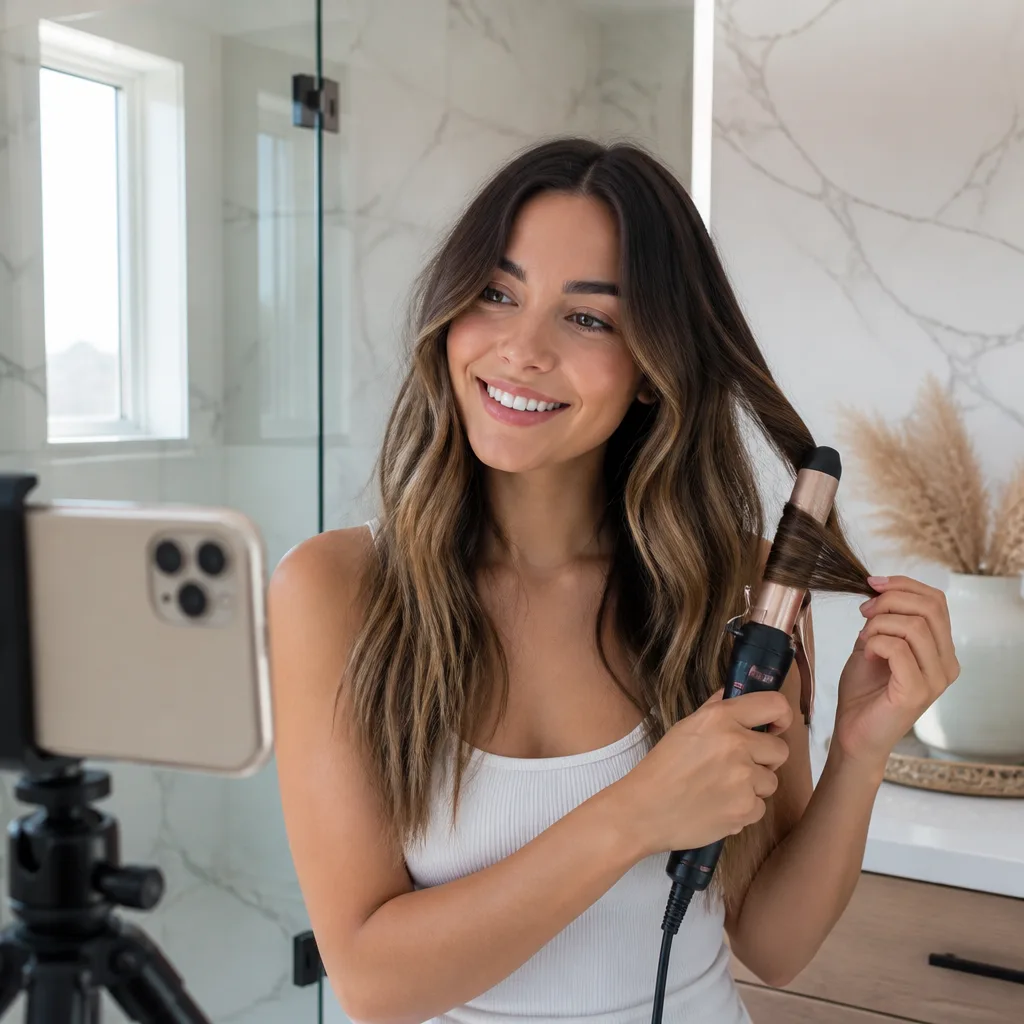 A creator styling her hair while recording