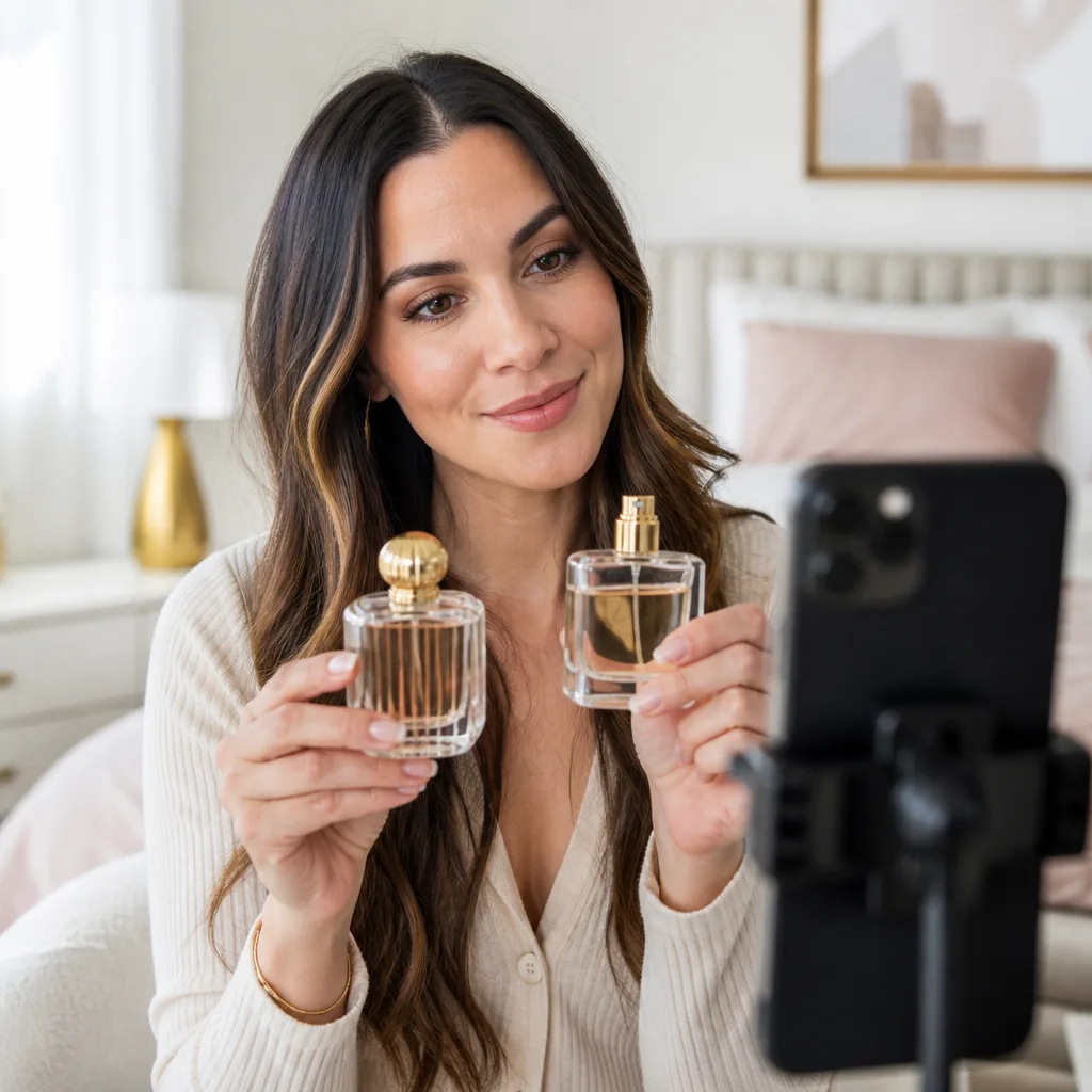 A creator holding perfume bottles on camera