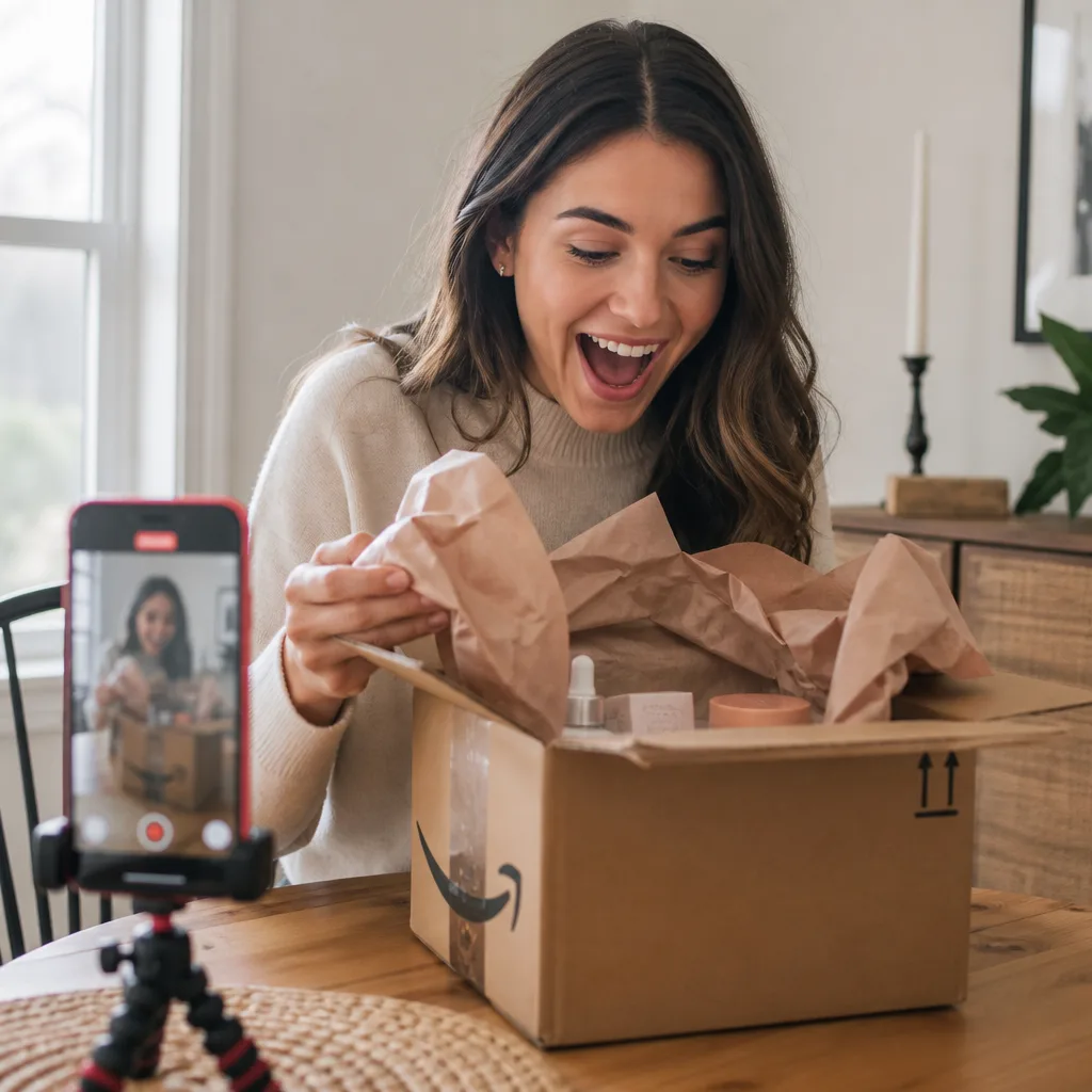 A creator unboxing an Amazon delivery on camera